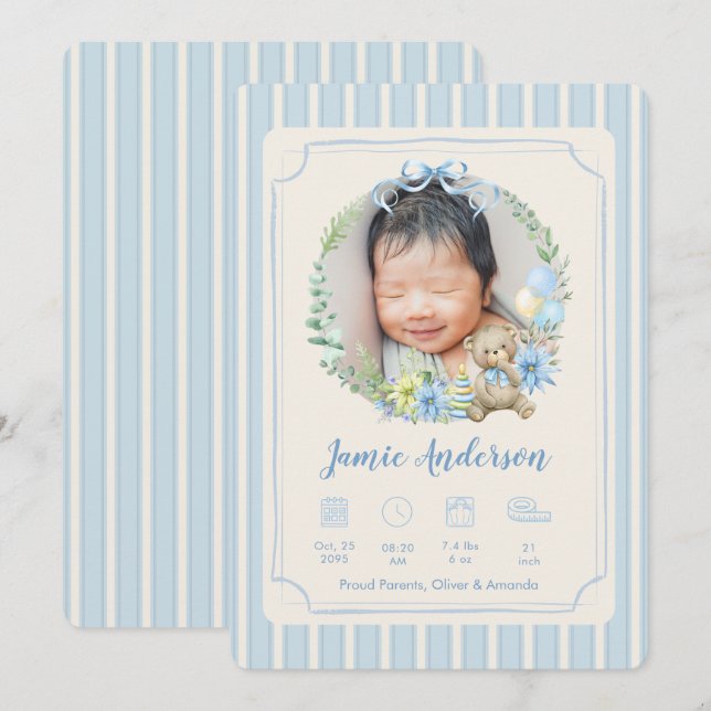 Anúncio Blue Newborn Birth Photo Baby Boy Announcement (Frente/Verso)