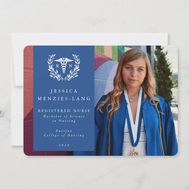 Anúncio Blue + White Laurel Wreath Registered Nurse Photo (Frente)