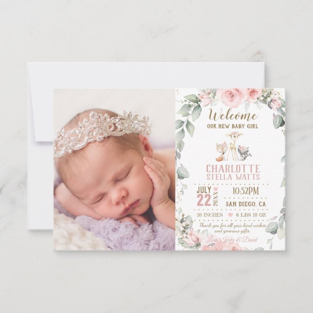 Anúncio Blush Floral Woodland New Baby Girl Foto Birt (Frente)
