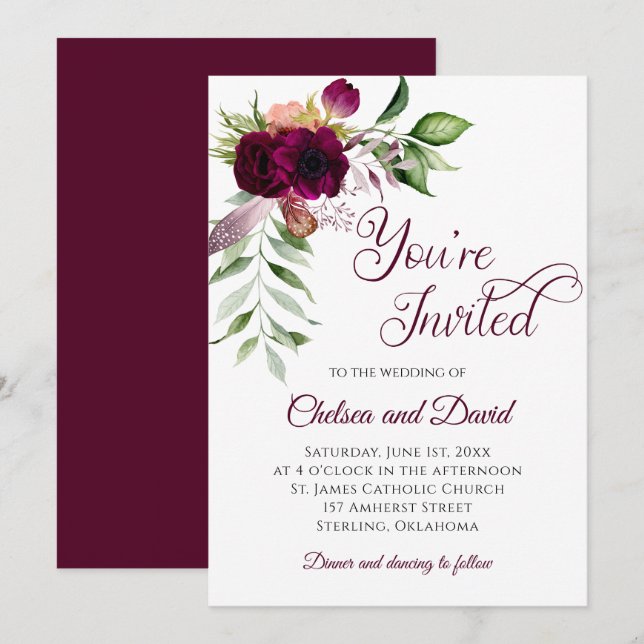 Anúncio Bohemian Burgundy Feather Wedding | (Frente/Verso)