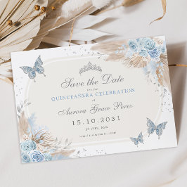 Anúncio Boho Blue Silver Floral Quinceanera Salve a Data