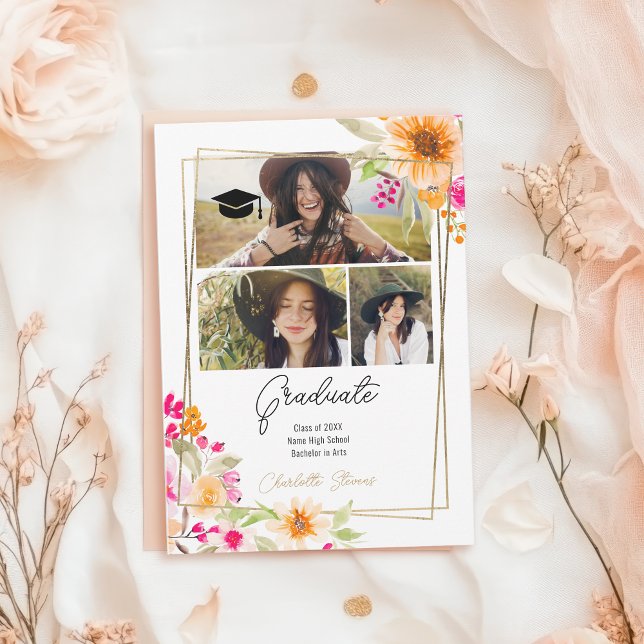 Anúncio Boho Chic 3 Photo Watercolor Graduação Floral (Boho Chic 3 Photo Watercolor Floral Graduation Announcement)