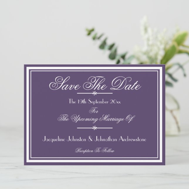 Anúncio Boho Chic Letra Roxo Empoeirado Salve A Data (Em pé/Frente)