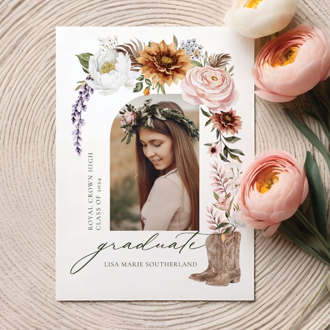 Anúncio Boho Cowgirl Country Western Photo Graduação (Boho Cowgirl Country Western Photo Graduation Announcement Front)