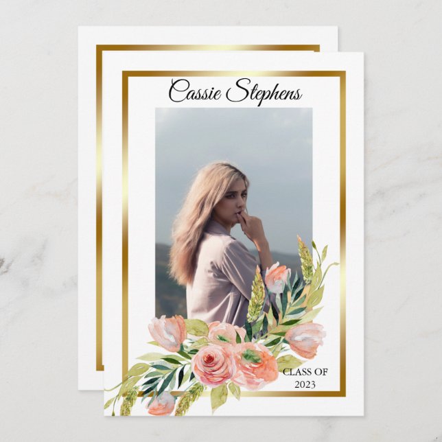 Anúncio Boho Floral 4 Foto Colagem Dourada Graduação (Frente/Verso)