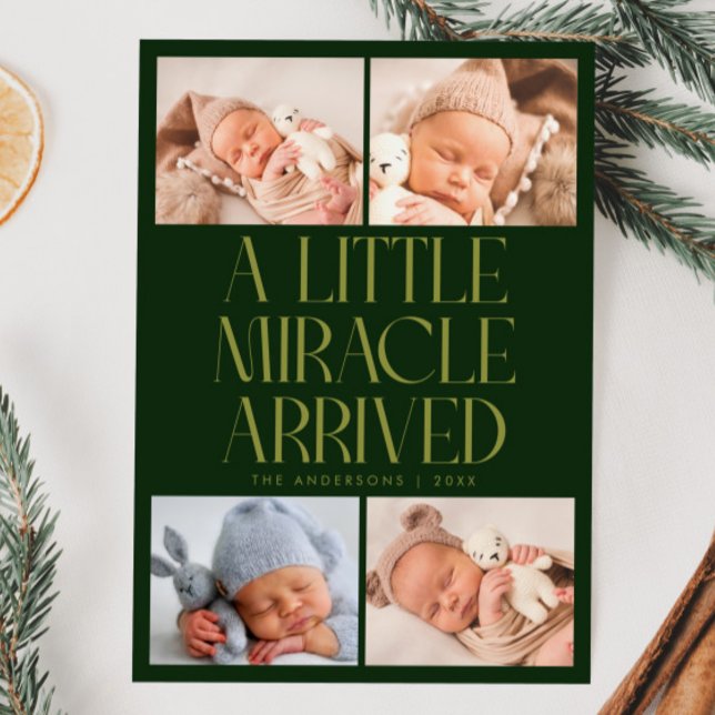 Anúncio Bold Little Miracle Xmas Green Photo Birth  (Criador carregado)