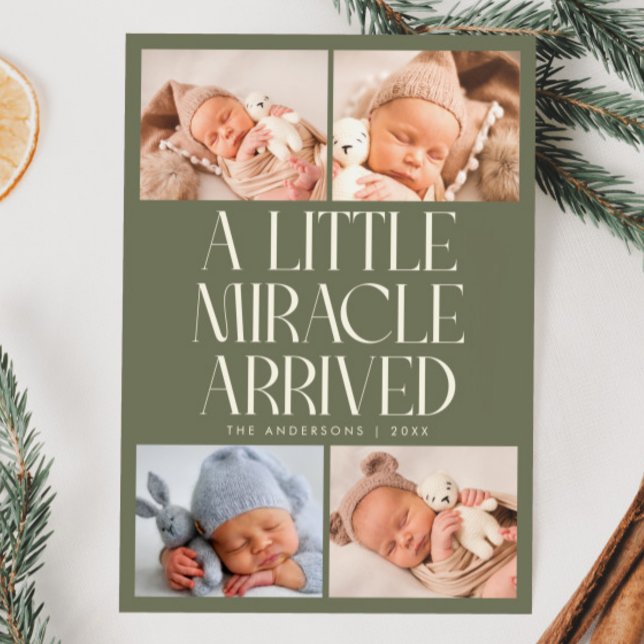 Anúncio Bold Little Miracle Xmas Sage Green Photo Birth  (Criador carregado)