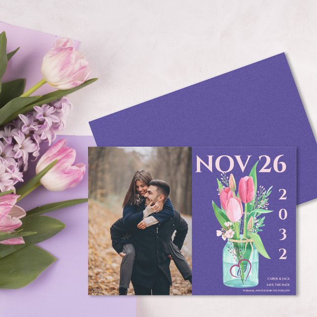 Anúncio Bold Purple e Blush Foto Floral Salva a Data (Bold Purple & Blush Floral Photo Save the Date Announcement)