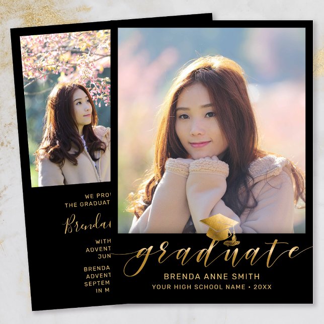 Anúncio Boné de Script Dourado de Foto para Graduação Mode (Modern Two Photo Gold Script on Black Graduation Announcement)