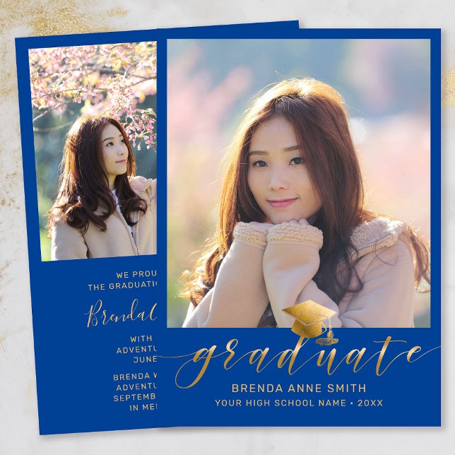 Anúncio Boné de Script Dourado de Foto para Graduação Mode (Modern Two Photo Gold Script on Royal Blue Graduation Announcement)