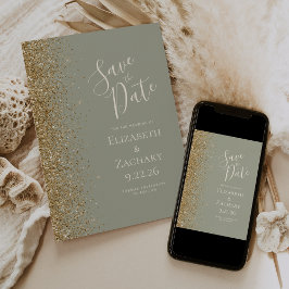 Anúncio Borda com Brilho Dourado Verde Sage Save the Date