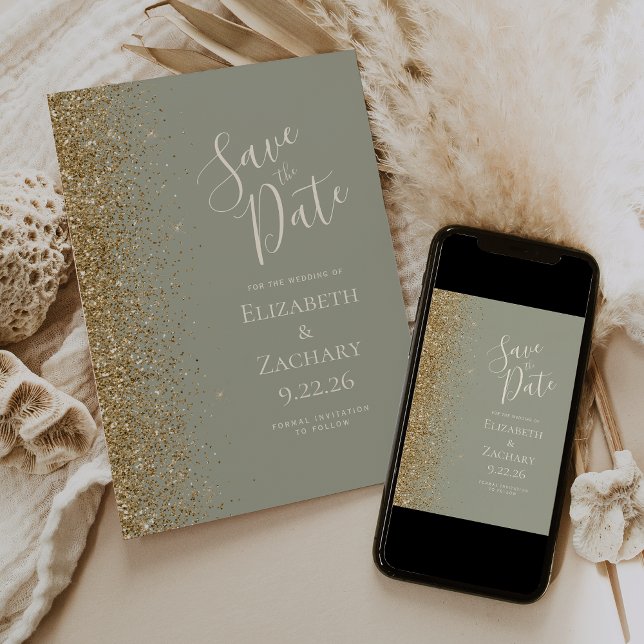 Anúncio Borda com Brilho Dourado Verde Sage Save the Date (Criador carregado)