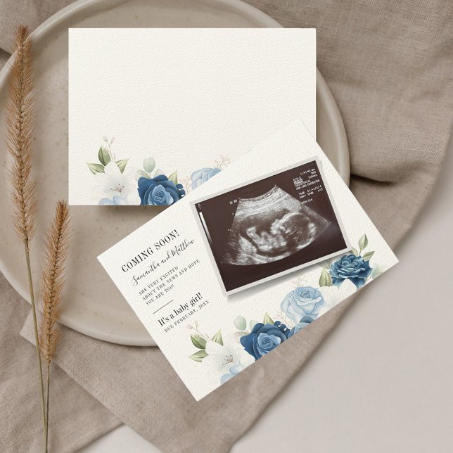 Anúncio Botânica Floral Bebê Revela Gravidez (Dusty Blue Floral Sonogram Baby Scan Pregnancy Announcement)