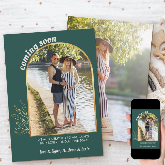 Anúncio Brevemente Dourada Arch 2 Foto de Gravidez Verde (Criador carregado)