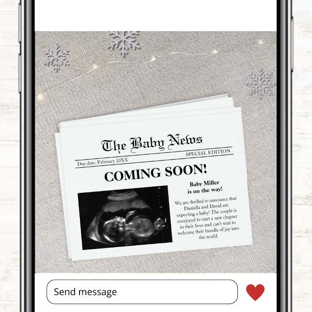 Anúncio Brevemente Jornal Foto da Gravidez de inverno (coming soon winter newspaper style photo pregnancy announcement card ultrasound sonogram)