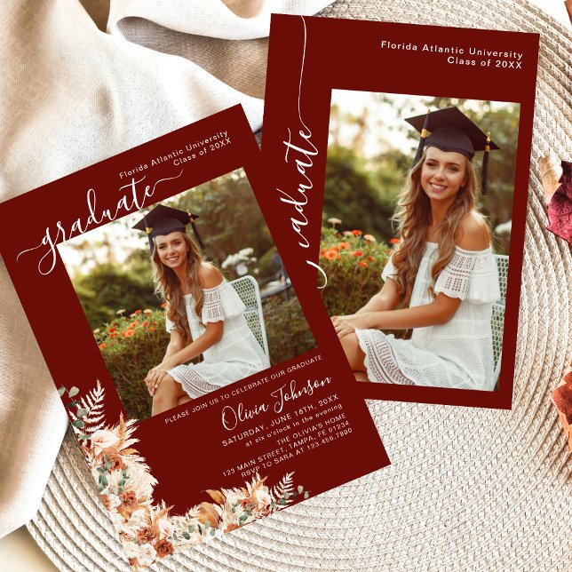 Anúncio Burgundy Boho Floral Photo Graduation Announcement (Criador carregado)