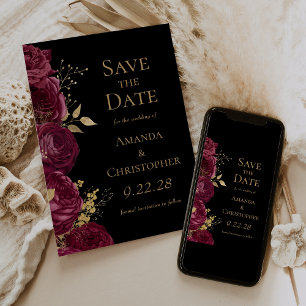 Anúncio Burgundy Dourado Floral Save the Date