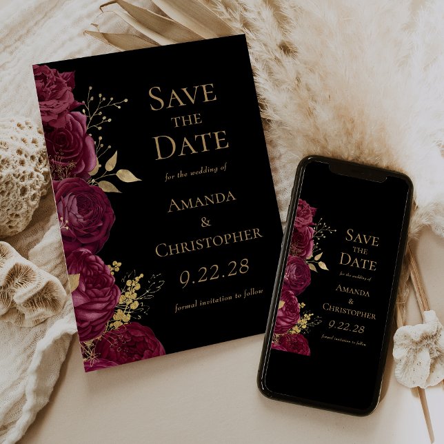 Anúncio Burgundy Dourado Floral Save the Date (Criador carregado)