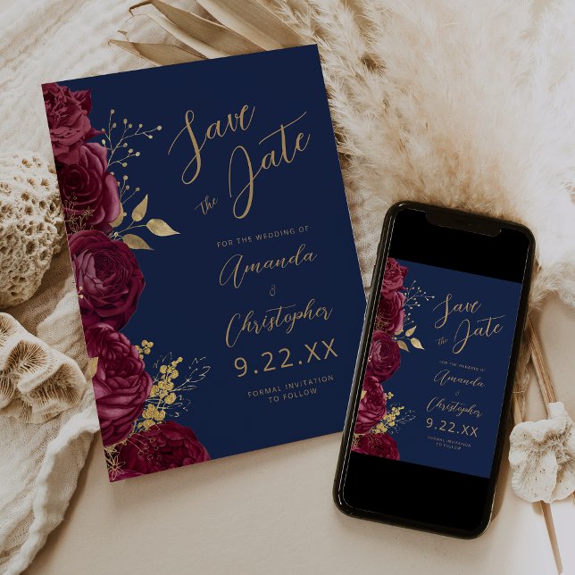 Anúncio Burgundy Dourado Floral Script Azul Marinho Save t (Criador carregado)