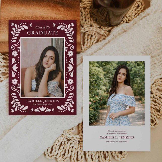 Anúncio Burgundy Fiesta Photo Grad Announcement 2026 (Burgundy Fiesta Photo Graduation Announcement)