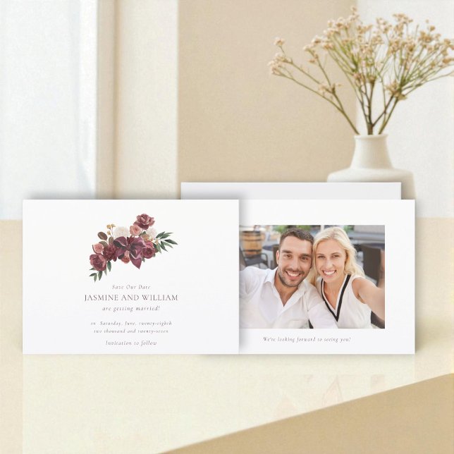 Anúncio Burgundy Floral Save Our Date photo (Criador carregado)