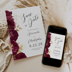 Anúncio Burgundy Gold Floral Script Save the Date