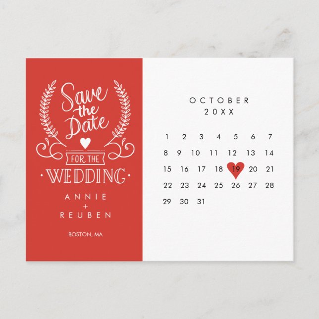Anúncio Calendário de Salve a Data Cartão Postal Coração V (Frente)