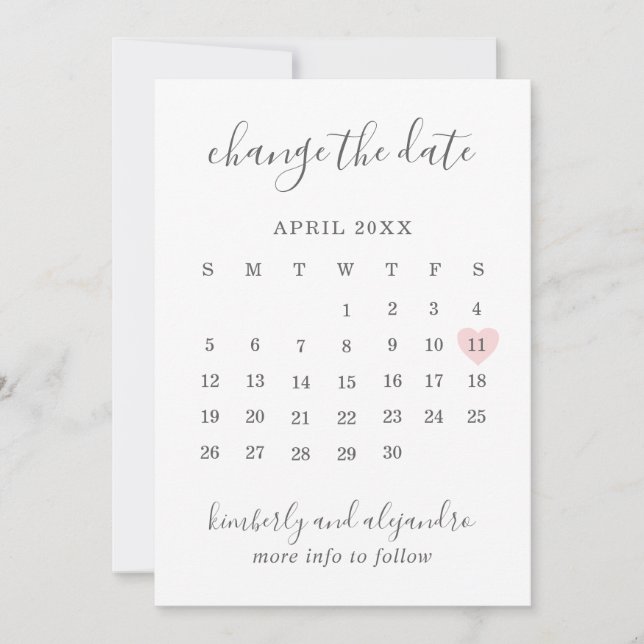 Anúncio Calendário Simples Coração Rosa Casamento Mudar a  (Frente)