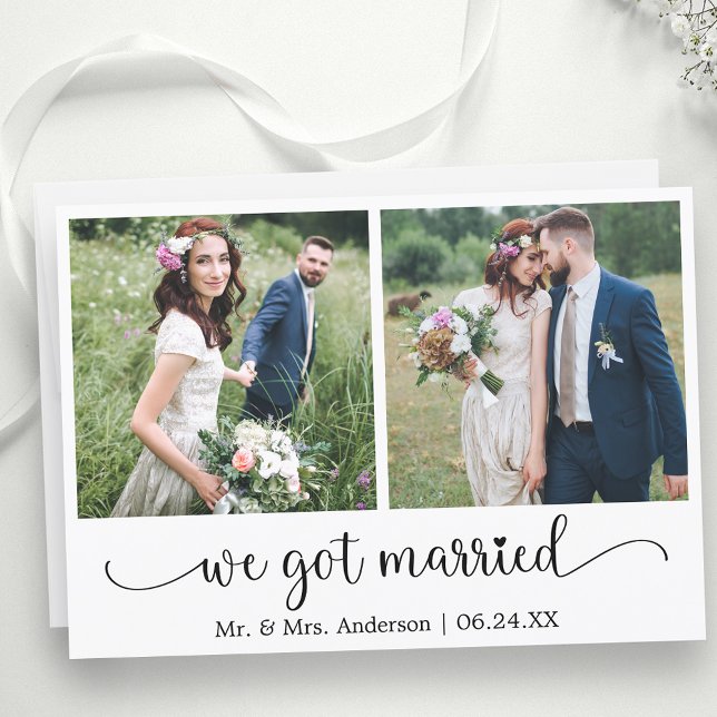 Anúncio Caligrafia Cardíaca Casamos 2 Foto (Customize to change your personalized text size, text style or to add text to back of card.)