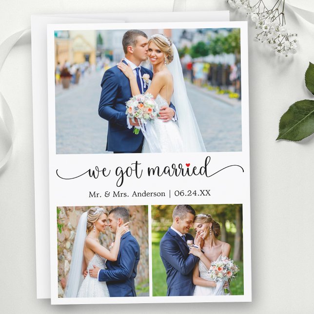 Anúncio Caligrafia, Coração Vermelho 3 Fotos Que Casamos (Customize to change your personalized text size, text style or to add text to back of card.)