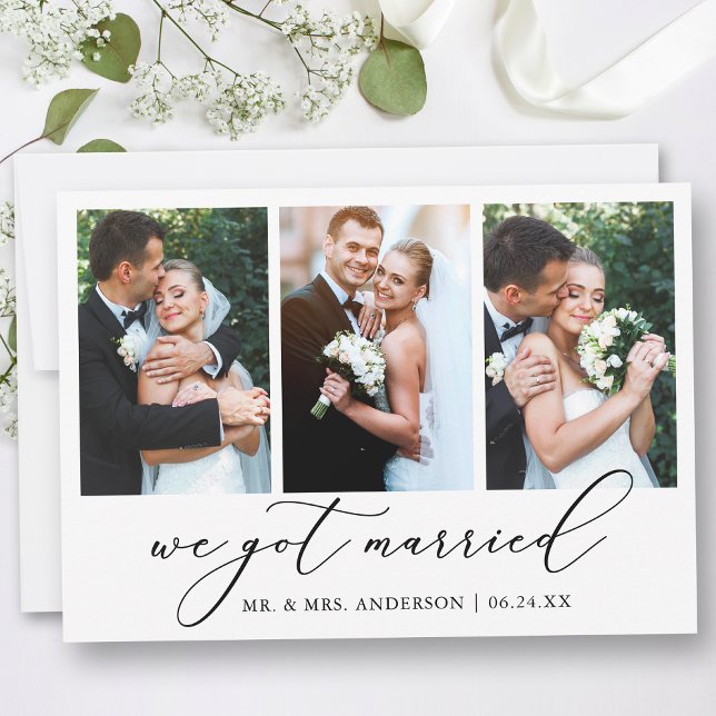 Anúncio Caligrafia Minimalista Moderna 3 Casamento Fotográ (Customize to add text or more photos to back of card.)