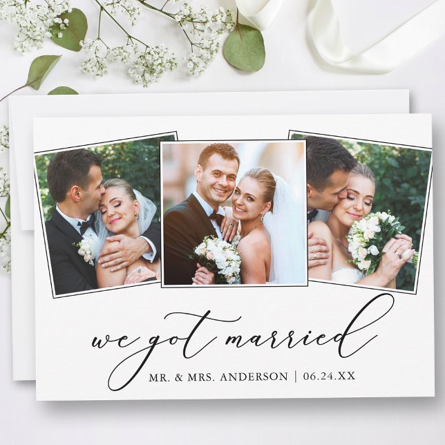 Anúncio Caligrafia Minimalista Moderna 3 Fotografias Casam (Customize to add text or more photos to back of card.)