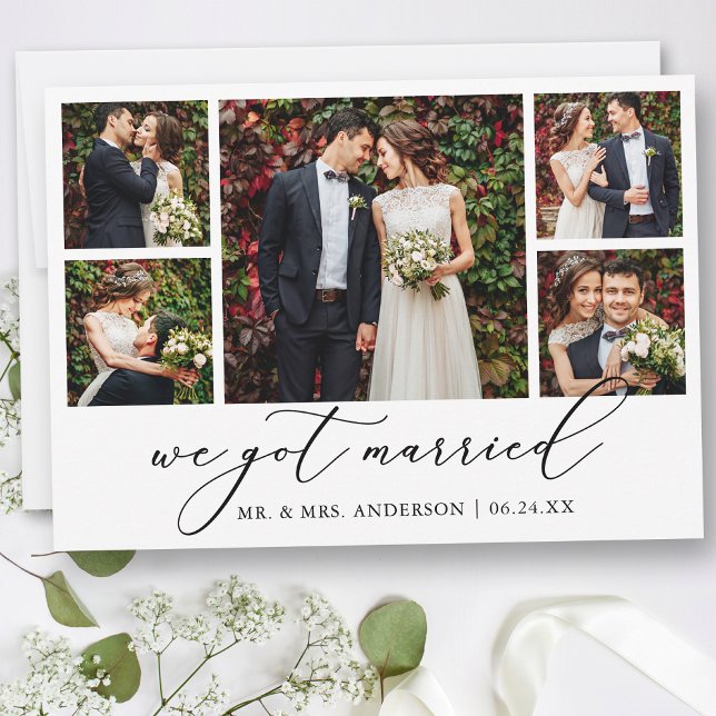 Anúncio Caligrafia Minimalista Moderna 5 Fotografias Casam (Customize to add text or more photos to back of card.)