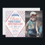 Anúncio Carnaval Kid Birthday - Foto espetacular do Geo Ti<br><div class="desc">Carnaval de Vintage,  convite de festas "espetacular" de circo com o tema "aniversários",  com tipografia e formas geométricas com fotografia. Vem com uma foto e um padrão adicionais no verso. Personalize a idade no sinalizador de acordo. O cartões de agradecimentos correspondente está disponível em nosso compro.</div>