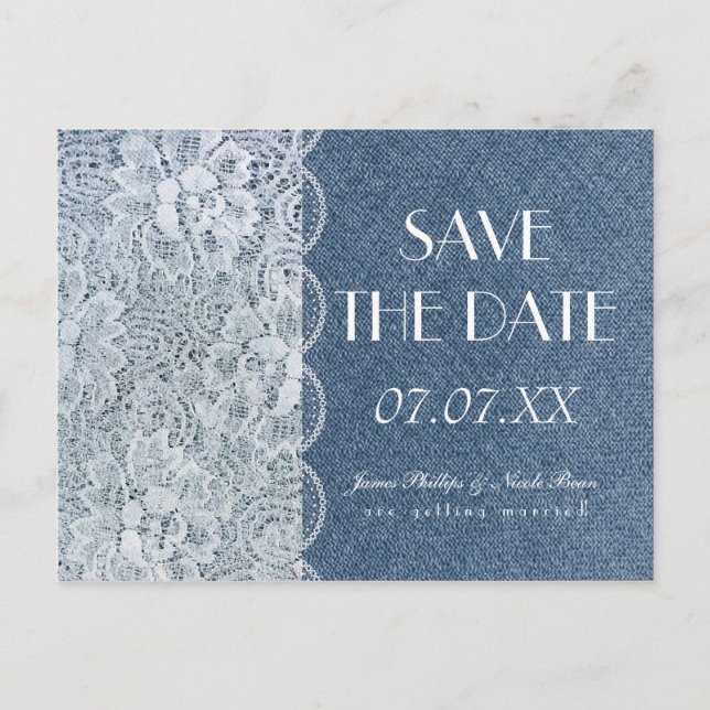 Anúncio Cartão Postal de Casamento Denim & Lace Rustic Sav (Frente)