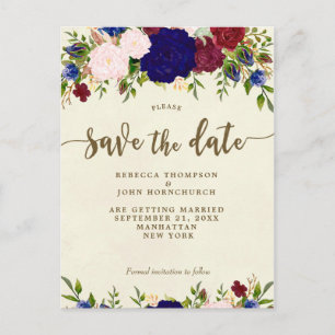 Anúncio cartão postal de casamento floral marfim e azul co