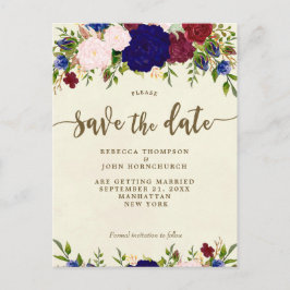 Anúncio cartão postal de casamento floral marfim e azul co