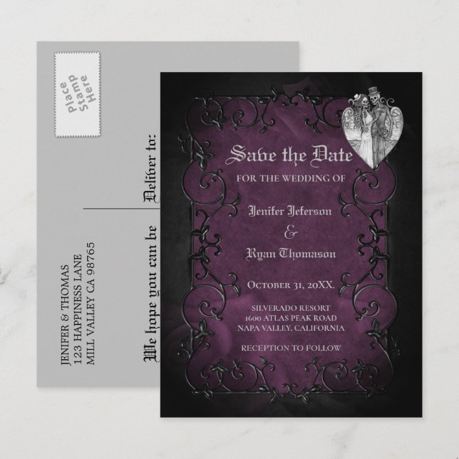 Anúncio cartão postal de casamento gótico de halloween par (Frente/Verso)