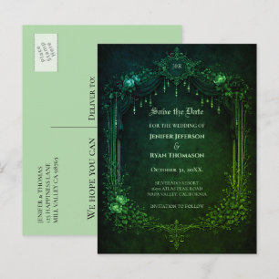 Anúncio cartão postal de casamento gótico de halloween par