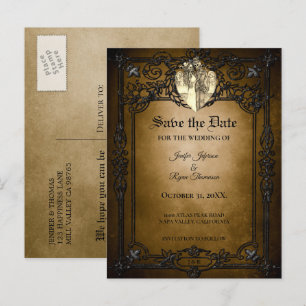 Anúncio cartão postal de casamento gótico de halloween par