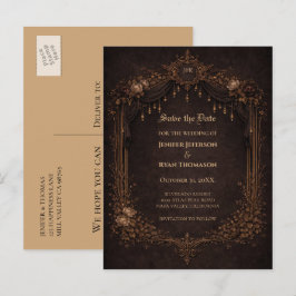 Anúncio cartão postal de casamento gótico de halloween par