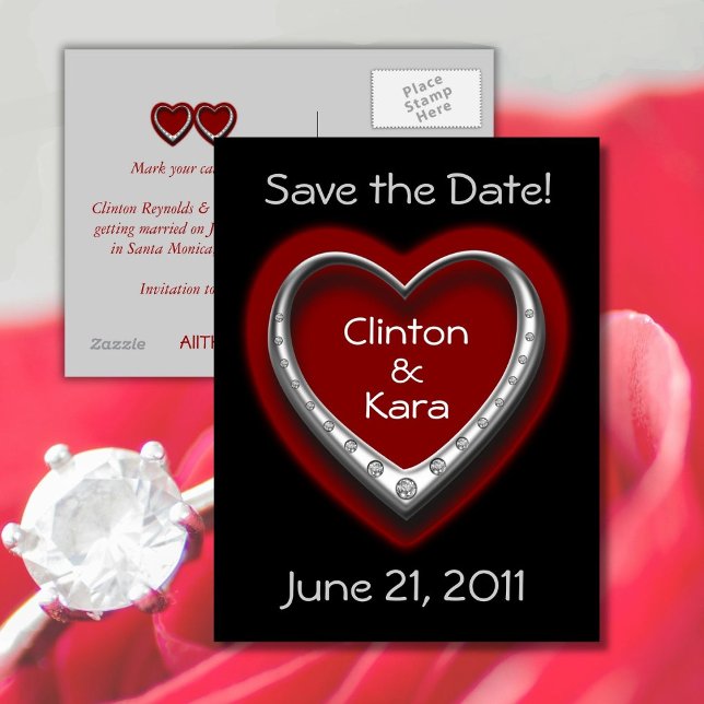 Anúncio Cartão postal de casamento 'Salve a data' com cora (Red and Black Wedding | Save the Date Postcard)