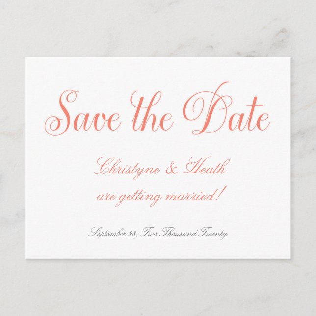 Anúncio Cartão postal de data de casamento elegante coral  (Frente)