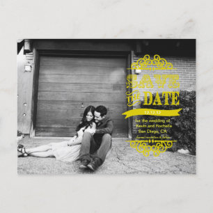 Anúncio Cartão Postal de Salvar a Data Amarelo Casamento M
