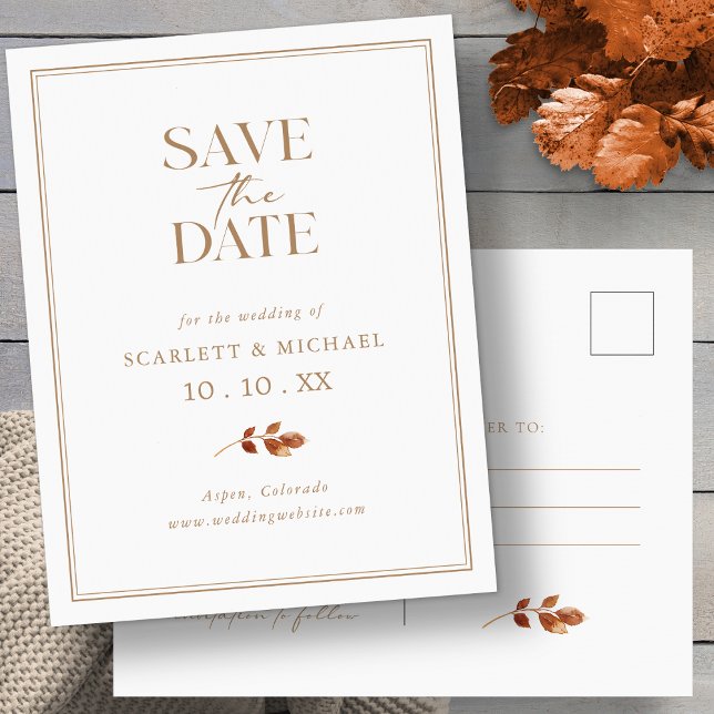 Anúncio Cartão Postal de Salvar a Data de Outono Elegante (Elegant Simple Fall Save The Date Postcard by Painted Paperie
)