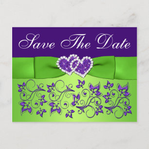 Anúncio Cartão postal de salvar a data floral roxo e verde