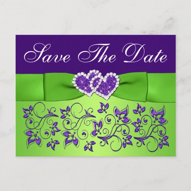 Anúncio Cartão postal de salvar a data floral roxo e verde (Frente)