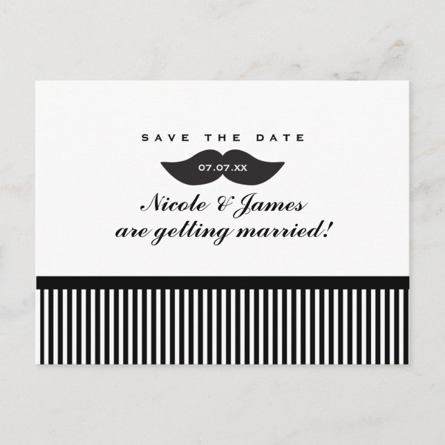 Anúncio Cartão Postal de Save The Date Bigode Preto e Bran (Frente)