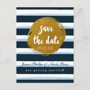 Anúncio Cartão Postal de Save The Date com Listras Azuis e