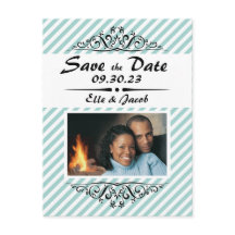 Cartão Postal de Save the Date Listrado de Azul Cl